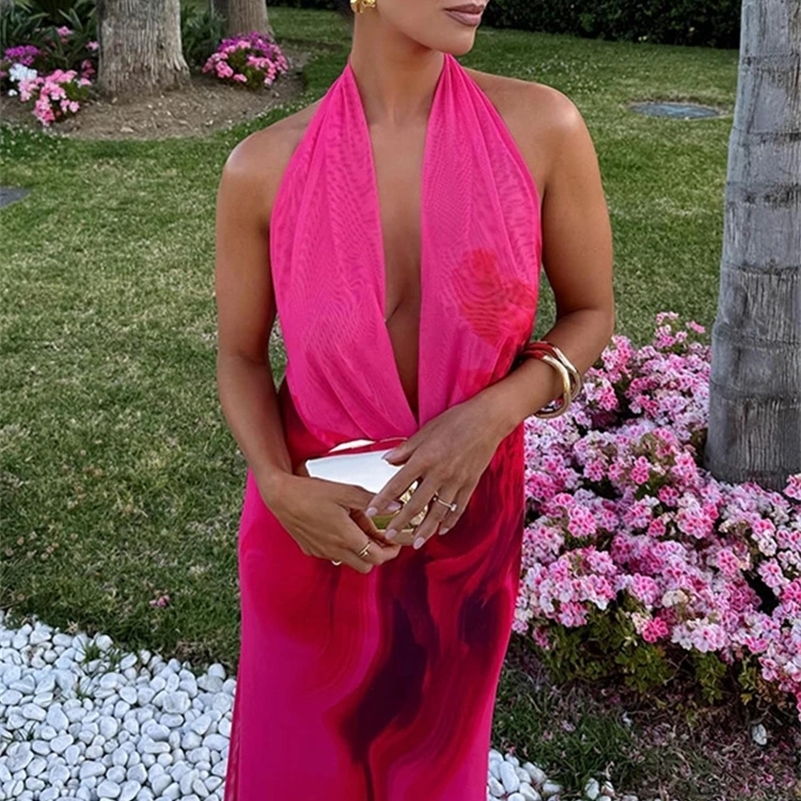 Women Halter Print Elegant Evening Party Dresses 2024 Summer Backless Bodycon Temperament Sleeveless Ladies Drape Tie Dye Dress 241227