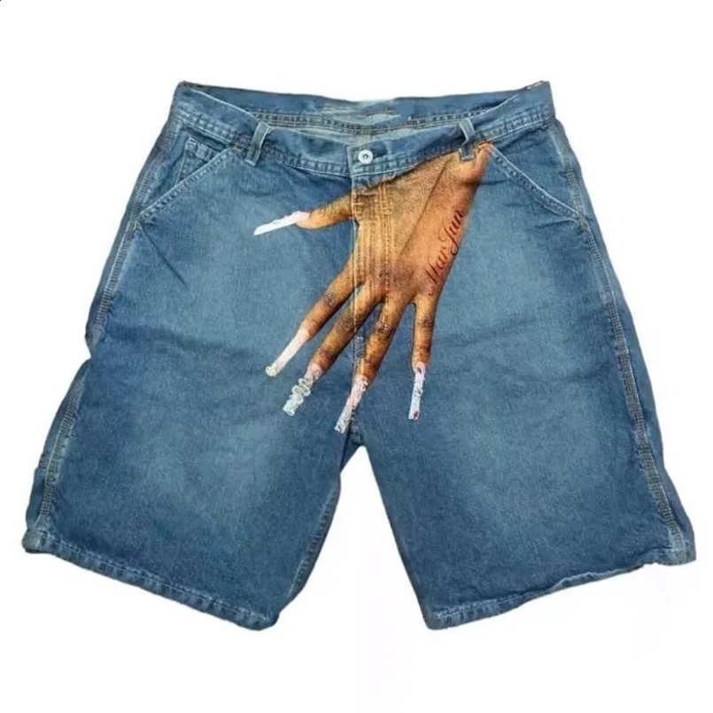 Hand-painted Hip Hop Jean Shorts Button Vintage Baggy Denim Shorts Streetwear Wide Leg Short Pants Y2k Cargo Shorts For Men 250411