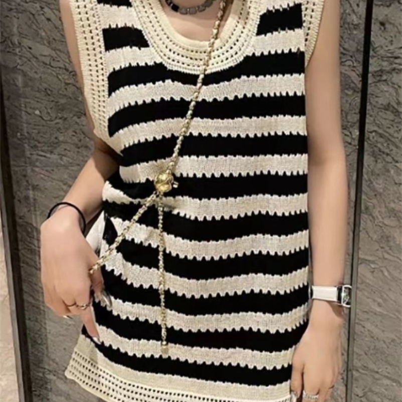 Women's Tanks Camis Deeptown Y2K Korean Style Striped Knitted Tanks Tops Harajuku Women Sexy Sleeveless Hollow Out Knitwear O-neck Tees Streetw