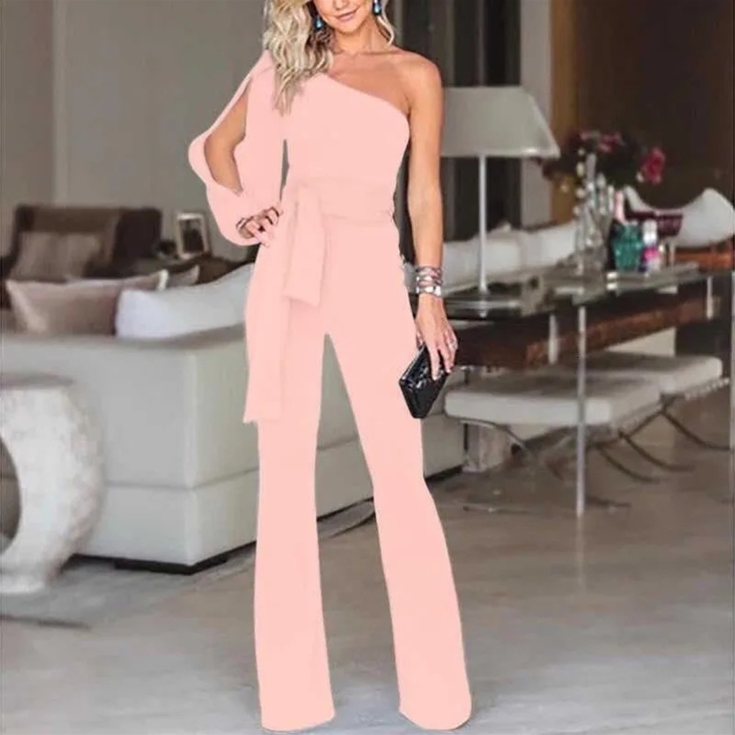 Sexy Womens Summer High Waist Tie Up Solid Color Slim Fit Jumpsuit Slant Shoulder Elegant Banquet Womens Wear 250318