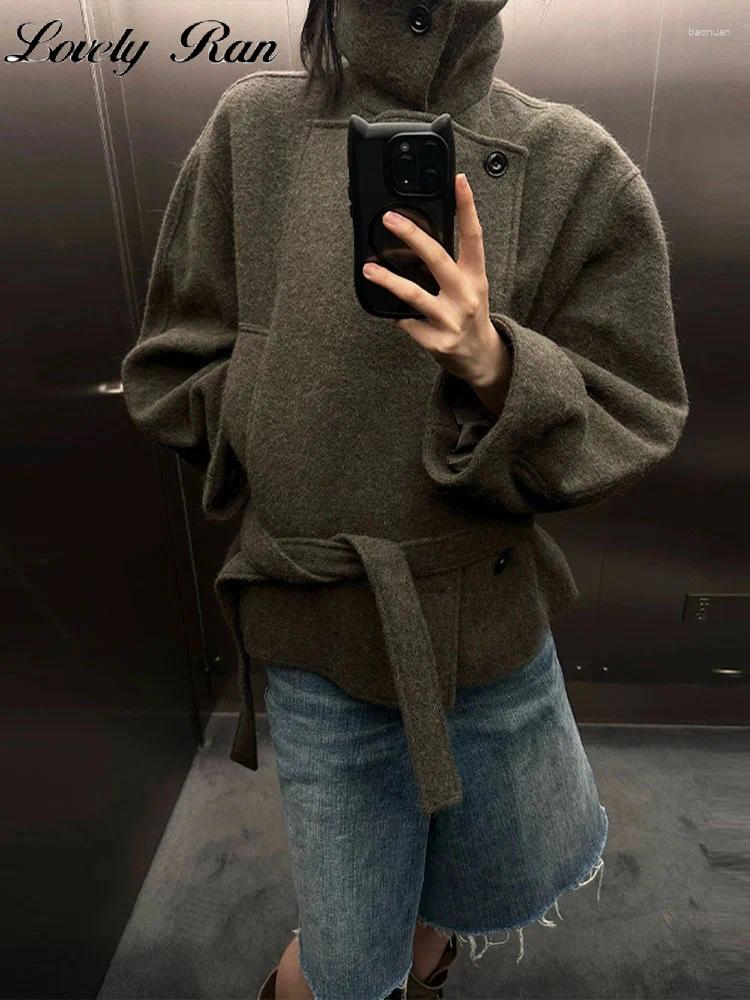 Women's Jackets Urban Woolen Belt Patchwork Women Coat Stand Collar Long Sleeve Button Female Outwear 2025 Autumn Winter Lady Streetwear