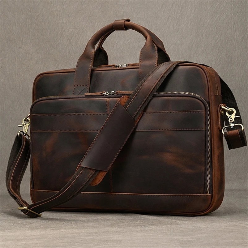 Crazy Horse Genuine Leather Men Briefcase Vintage 16 inch Big Business Laptop Handbag Large Cowhide Messenger Shoulder Bag Man 250417bj