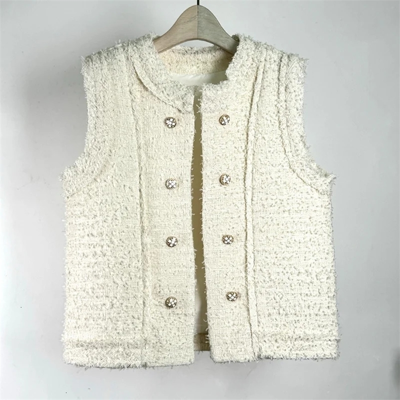Small Fragrance O Neck French Vest Spring Autumn Womens Double-breasted Casual Basic Loose Beige Black Korea Chic Tweed Coat 250303