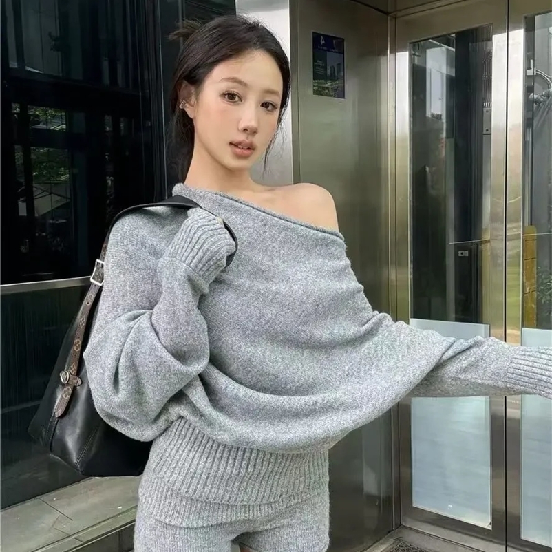 Korejpaa Elegant Sweater Shorts Womens Autumn/Winter Tilted Shoulder Knitted Sweater High Waist Shorts Two Piece Set 250327