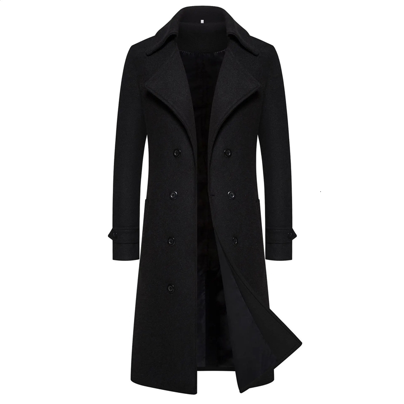 Mens Long Woolen Black Coat Windbreaker Winter Warm Gentleman Coat Jackets Male Elegant Regular Fit Casual Daily Clothing 241223bj