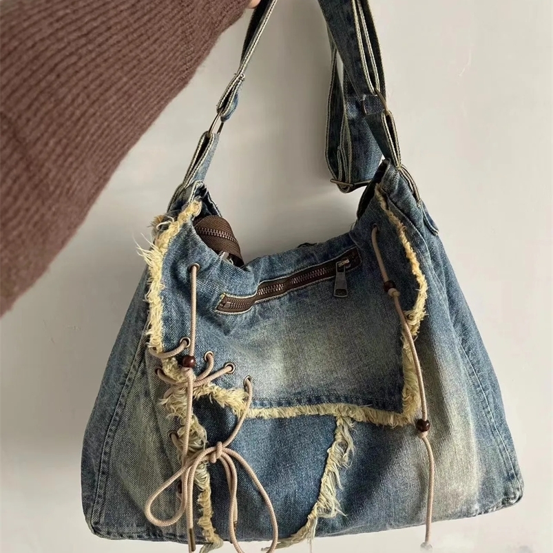 Washed Denim Jeans Casual Totes for Women Shoulder Bags Soft Student Large Capacity Vintage Shopping Bag Female Handbags 240627