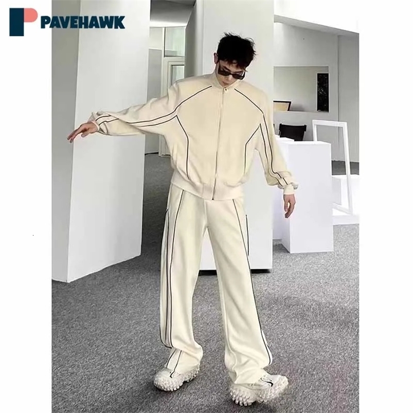 Mens Sport Sets Casual Patchwork Zipper JacketsStripes Wide Leg Sweatpants Male Spring 2pcs Sets Hip Hop Korean Harajuku Suits 240806