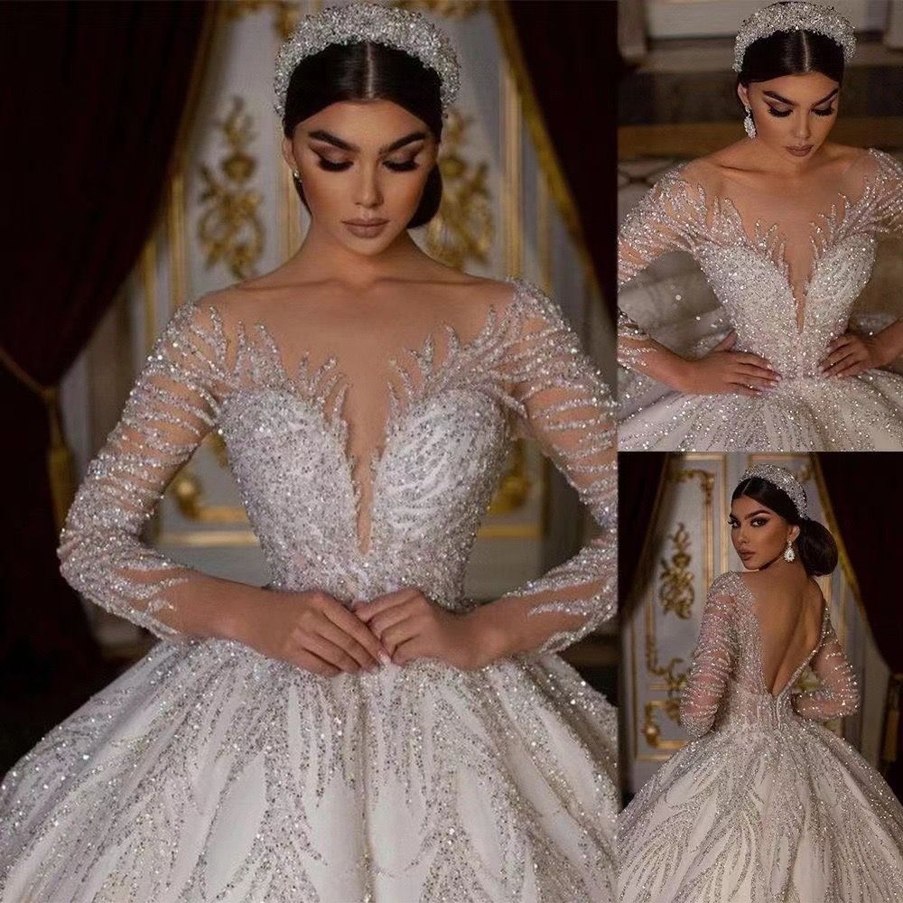 Princess Bridal Gowns: Elegant Long Sleeve Sequin Ball Wedding Dresses for Women - Backless Crystal Arabic Shiny Gowns
