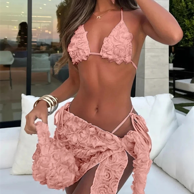 Womens Sexy 3 Piece Bikini Set 3D Flower Beach Skirt Swimsuit Pure Pink Triangle Halter Backless Thong Swimwear 2025 Summer 250305
