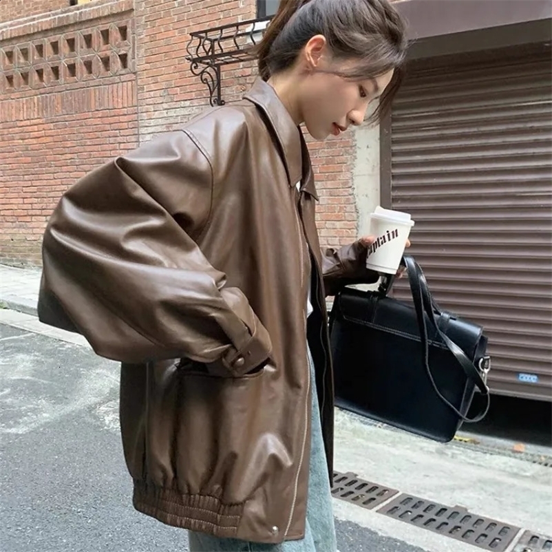Autumn PU Jacket Womens High Street Oversize Faux Leather Moto Biker Jacket Y2k Korean Bf Punk Fashion Casual Outerwear 240914