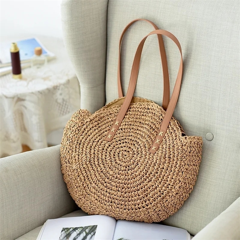 Summer Round Straw Shoulder Bag Women Large Capacity Handbag Handmade Weaven Beach Bags Fashion Rattan Handle Bag Vacation Tote 250120bj