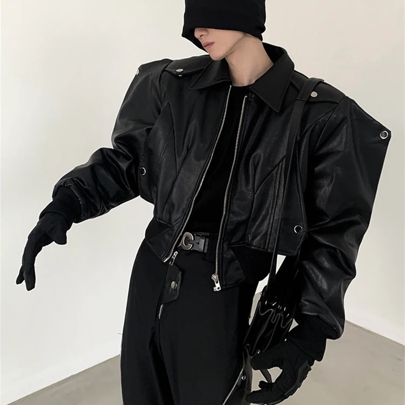 Mauroicardi Spring Autumn Cool Handsome Short Oversized Black Pu Leather Jacket Men with Shoulder Pads Long Sleeve Zipper 240829