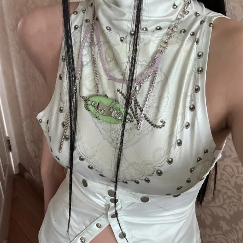 Rivet Button Printed Vest for Women American Retro Fashion Street Slim T-shirt Summer Sexy Girl Y2k Crop Top Gothic Clothes 240415