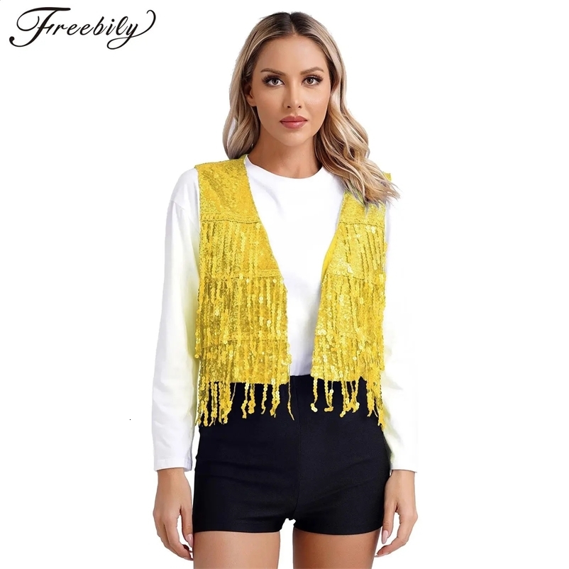 Womens vest with flash tassel sleeveless vest V-neck open front shiny sequin vest jazz dance music festival club outfit 240821bj