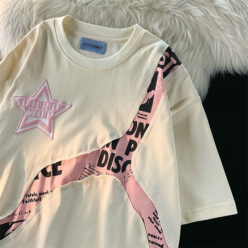 Women's T-Shirt Y2K Summer American Street Star Stitching Letter Short Sleeve T-shirt for Men and Women Loose Couple Half Sleeve Clothing 23061