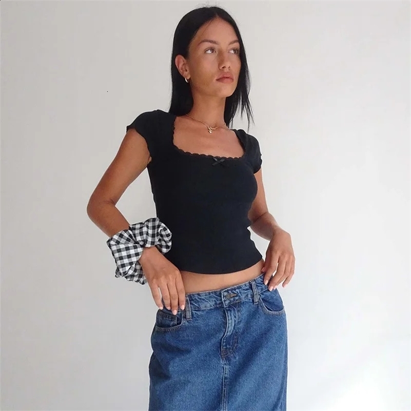 y2k Vintage Baby Tee Cottage Lace Trim Knitted T-Shirt Summer Square Neck Short Sleeve Tee Shirt Women White Milkmaid Crop Top 240801
