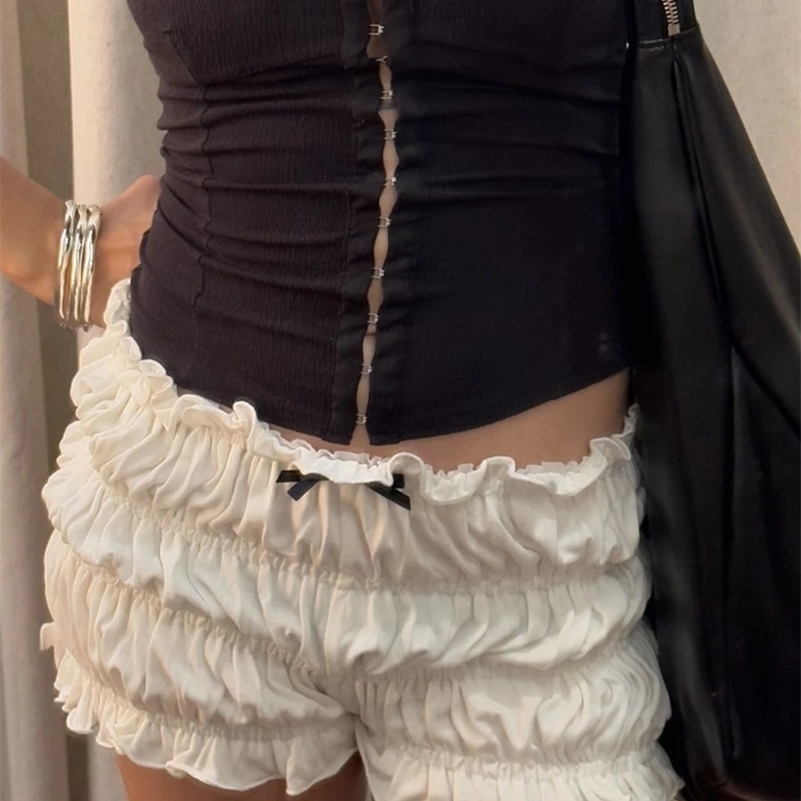 Women Ruffle Shorts Y2K Cute Bow Low Rise Micro Shorts Sexy Frilly Ruffle Pettipants Layered Lolita Bloomers Booty Bottoms 250319