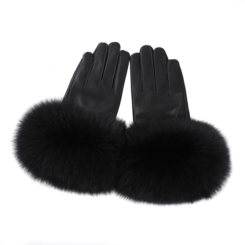 Boonjovia Femmes Gants de cuir en peau d'agneau authentiques avec réalité Fox Fur Triff Cuff Hiver Glants de conduite chaude - Velet bordée 24122