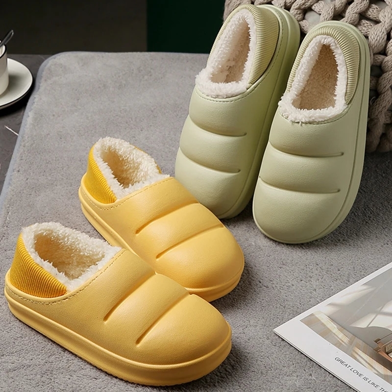 Waterproof Warm Plush Winter Women Fur Slippers Household Slides Indoor Home Thick Sole Footwear Non-Slip Solid Couple Sandals 241112