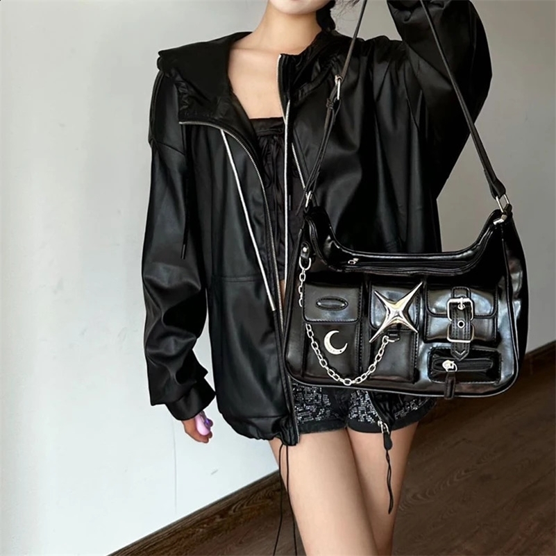 MBTI Y2k Womens Shoulder Bag Harajuku Fashion Gothic Casual Black Chains Handbag Pu Leather Ladies Motorcycle Bag Sac 250206