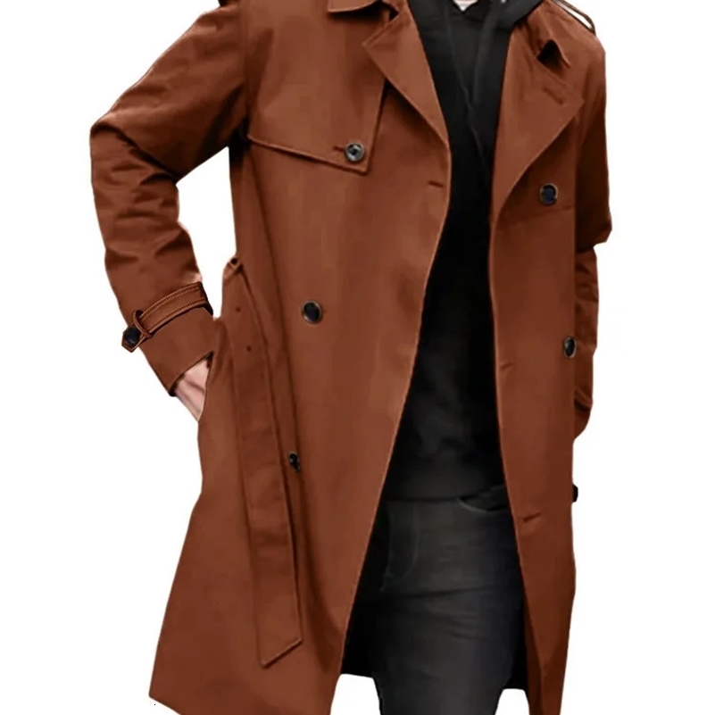 European and American Mens Lapel Slim Fit Double-Breasted Casual Coat Spring and Autumn Solid Color Long Sleeve Windbreaker 240820