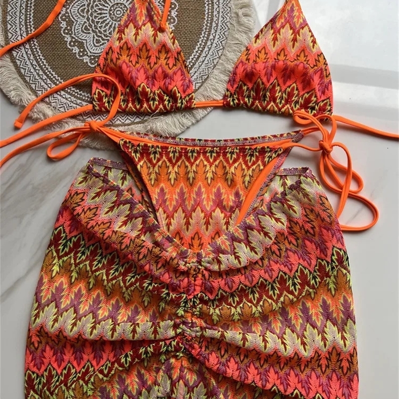 Feuilles de maillot de bain en maillot de bain coloré jupe en bikini tricoté à trois pièces Split Swimsuit Bikini 250410