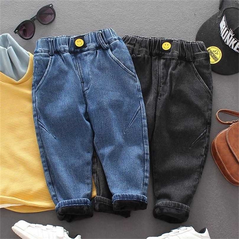 Boys Fleece Jeans Solid Denim Pants 0-7 Years Old Children's Clothing Autumn and Winter Baby Kids Casual Clothes 211102