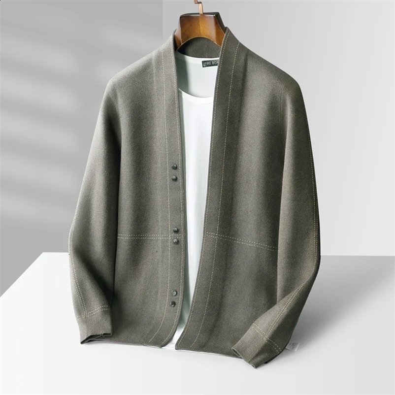 Men 100% Pure Wool Sweater Knit Jacket Business Jacquard Coat Casual Cardigan Autumn Winter Loose Cashmere Top 240823