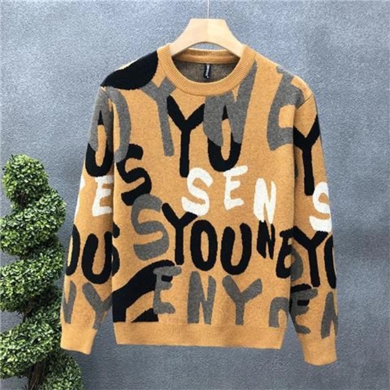 Autumn Winter Fashion Round Neck Long Sleeve Printing Letter Pullovers Mens Clothing Casual Korean Knitting All-match Tops 240914