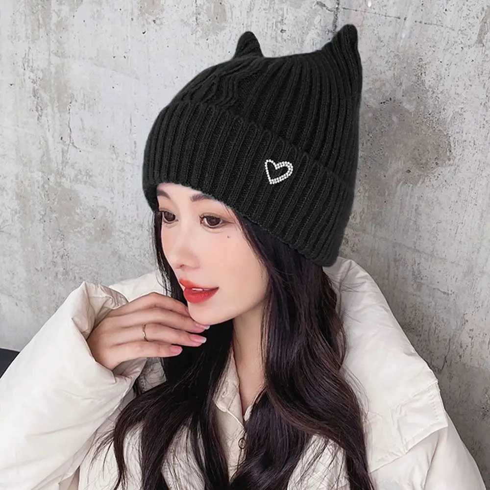 New Japanese Beanie Hat Ins Little Devil Solid Knitted Wool Cap Autumn and Winter Cute Cat Ears Pointed Pullover Womens HatsXJ250923