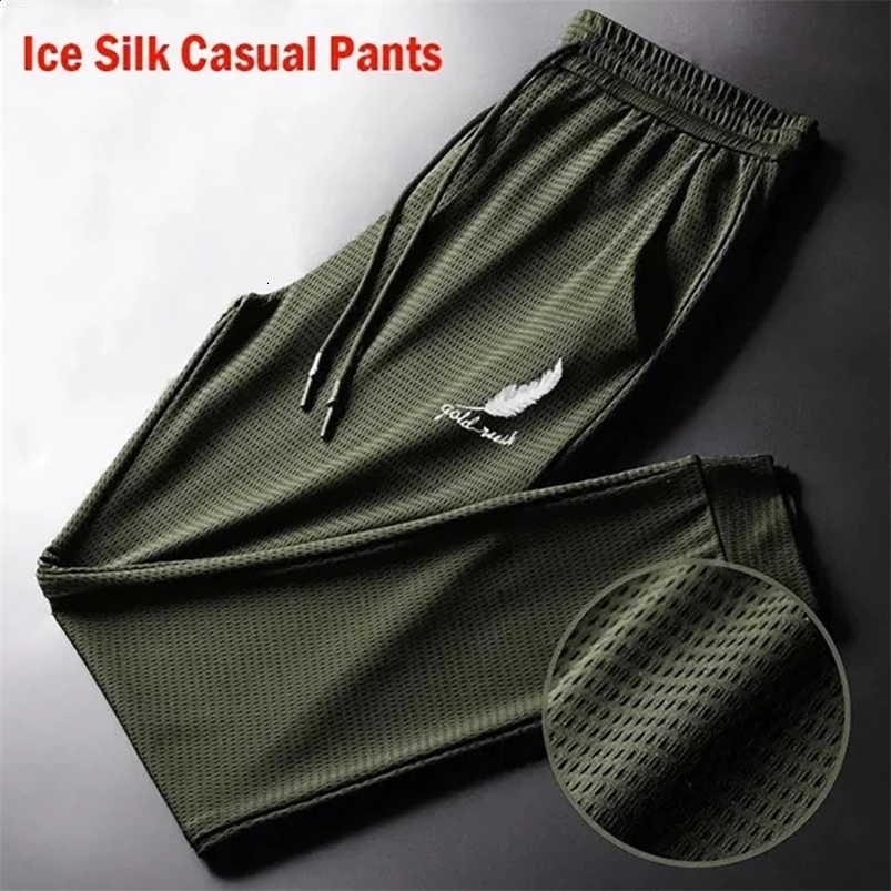 Mens Summer Ice Silk Pants Mesh Breathable Casual Thin Quick Dry Pants Loose Elastic Beam Feet Pants Sports Fitness Trousers 240816