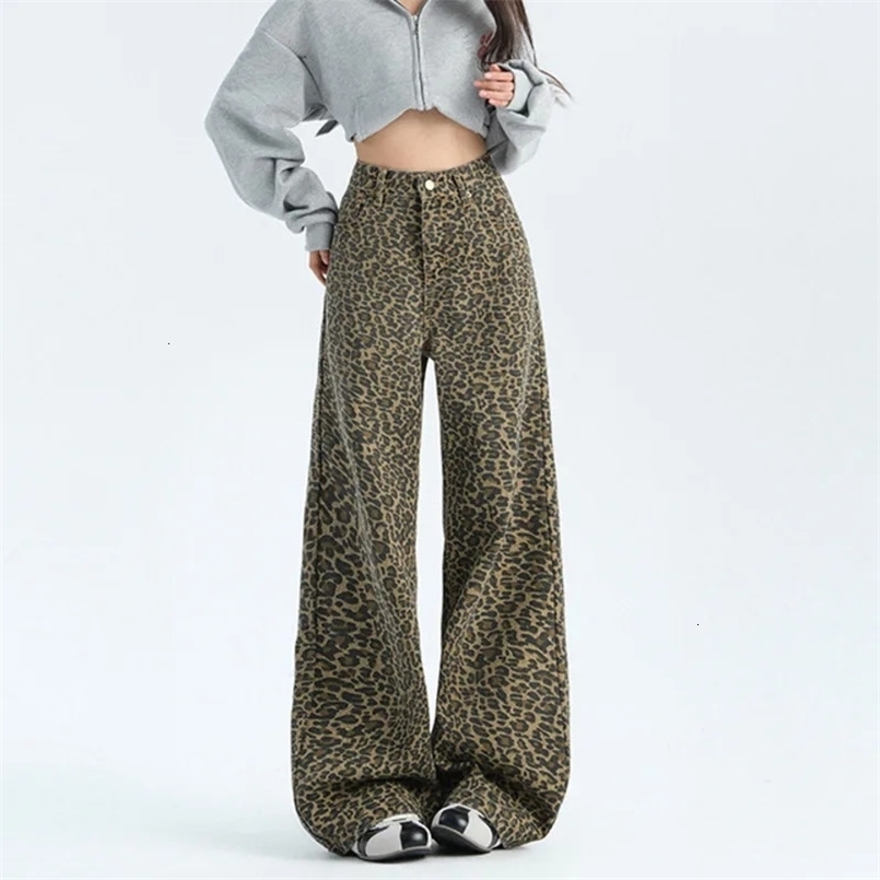 #2639 Streetwear Leopard Denim Jeans Women Loose High Waisted Vintage Long Jeans Femme Straight Wide Leg Jeans Ladies Autumn 250303