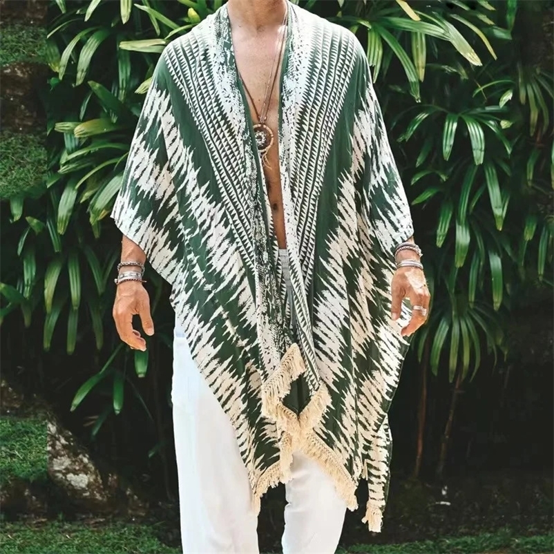 Summer Fashion Shawl Mens Printed Long Windproof Open Collar Hawaii Beach Sunshine Cloak Casual Loose Coat Mens Top 240823bj