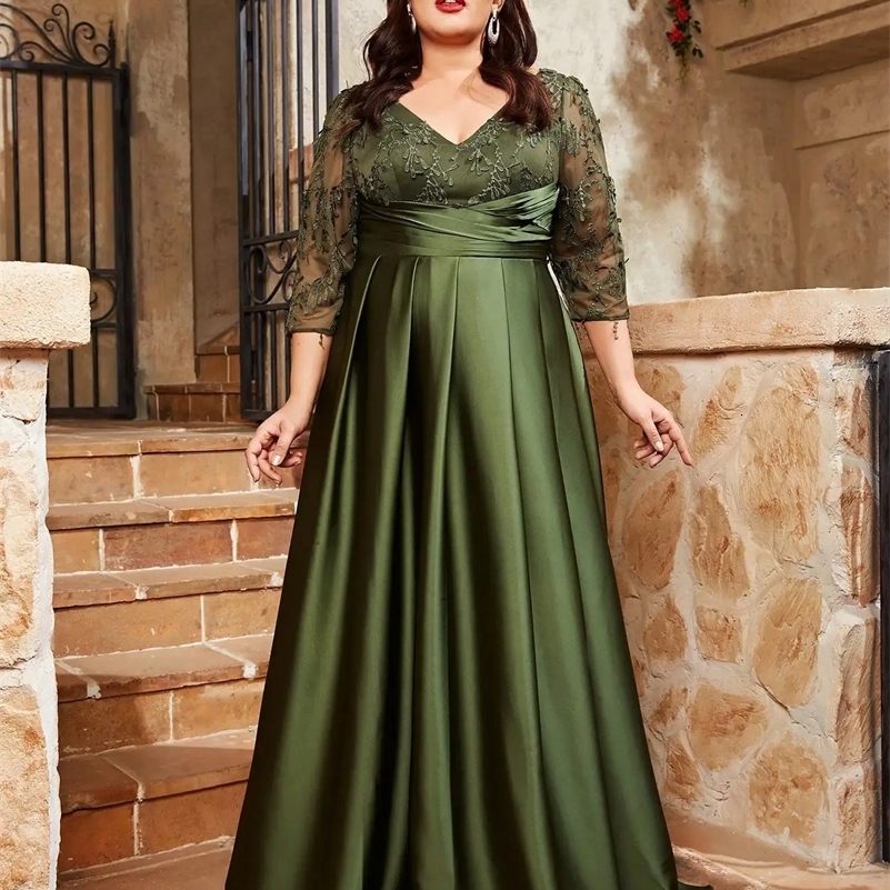 Mgiacy plus size V-neck lace embroidery Mosaic satin cloth hand-folded long skirt Evening gown ball dress Party dress 250207