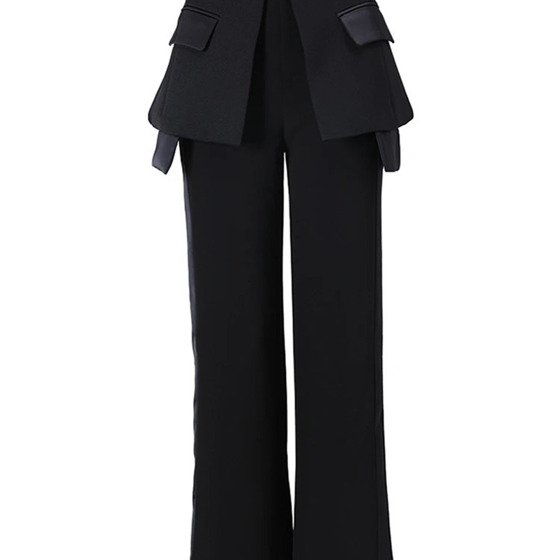 EAM Black Irregular Pants High Waist Leather Long Wide Leg Loose Fit Trousers Women Fashion Spring Autumn JQ78101 240820