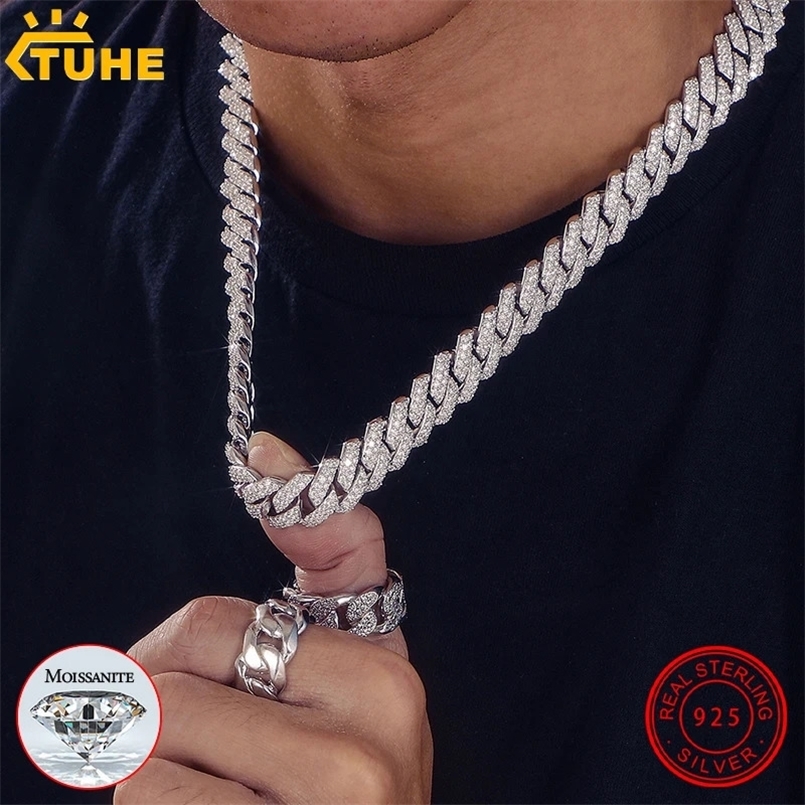 Collier de liaison cubaine 14 mm de haute qualité hommes mossanite sterling argent 925 chaînes colliers hip hop bijoux 240626