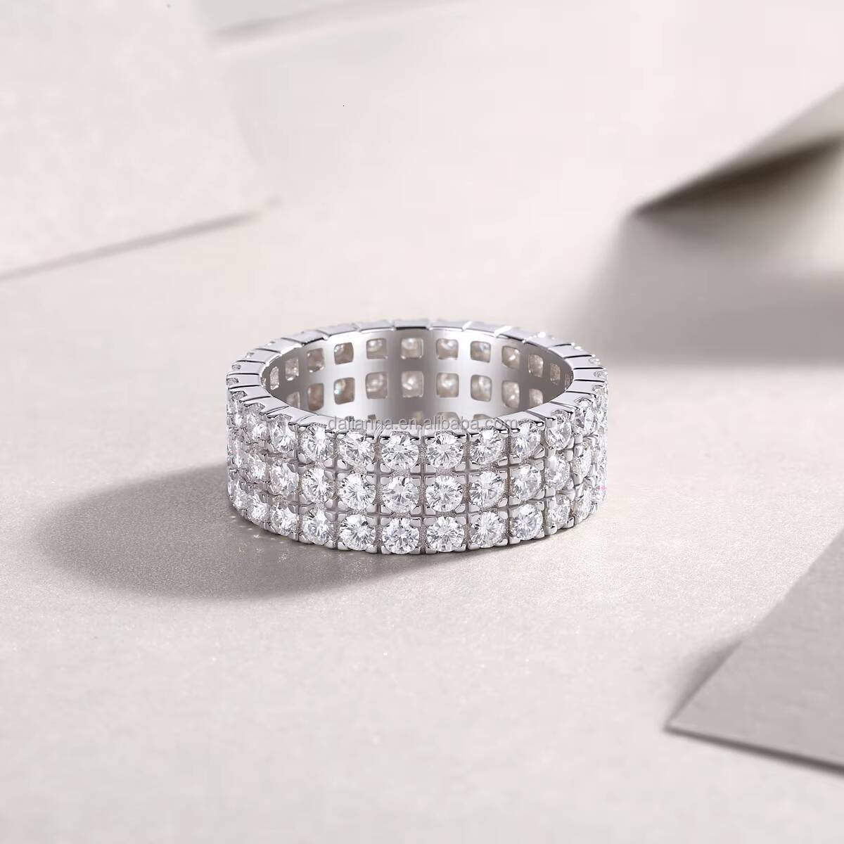 Wholesale Gold Plated Moissanite Ring 3 Rows Pave Setting Hiphop Eternity Band Ring 925 Sterling Silver Vvs Moissanite Ring Men