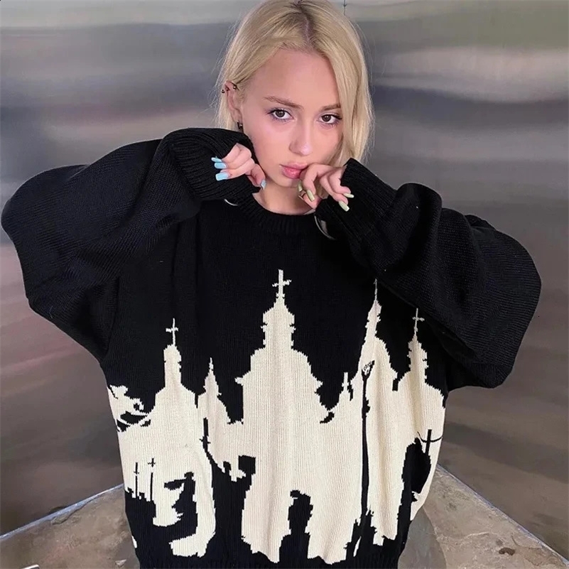 y2k gothic sweater top Hip Hop Men Women Streetwear Vintage Halloween EMO Harajuku Knitted Sweater winter Pullover Loose Retro 240918