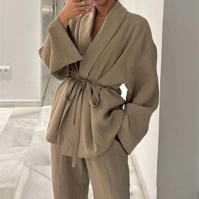 TRAF 2024 Fashion Womens Pants Suit Solid Khaki Drawstring Long Sleeve Cardgian Blouse Elastic Waist Wide Leg Pants Streetwear 250116