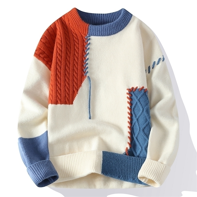 Autumn Winter Warm Mens Knitted Sweaters Fashion Patchwork O Neck Knit Pullovers Korean Streetwear Pullover Casual Mens Clothing 241119
