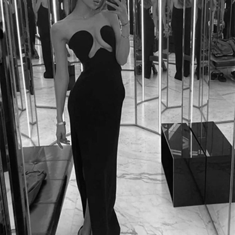 Women Winter Sexy Strapless Backless Split Black Maxi Long Bodycon Bandage Dress Elegant Evening Party Club Dress Vestidos 240828