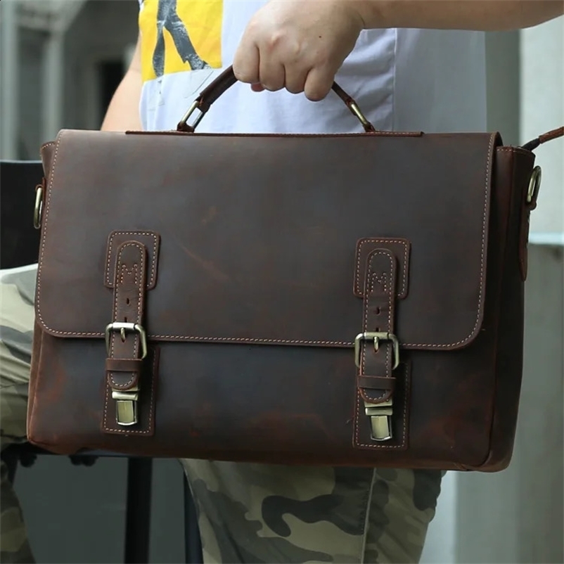 Crazy Horse Leather Briefcase Business Bag Real Cowskin Men Male Handbags Laptop Bag 15.6 Inch Genuine Leather Brief Case 241224bj