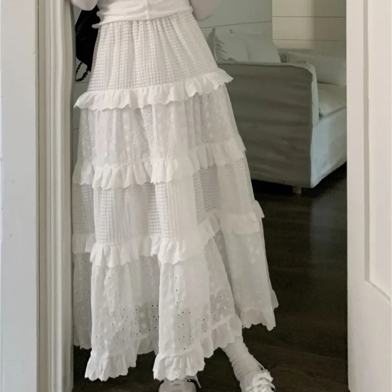 Plus Size High-Waisted Plus Size Womens Skirt White Lace Up Loose-Fit Cake Skirt Summer Fairy Style Lace Patchwork Robe 250318