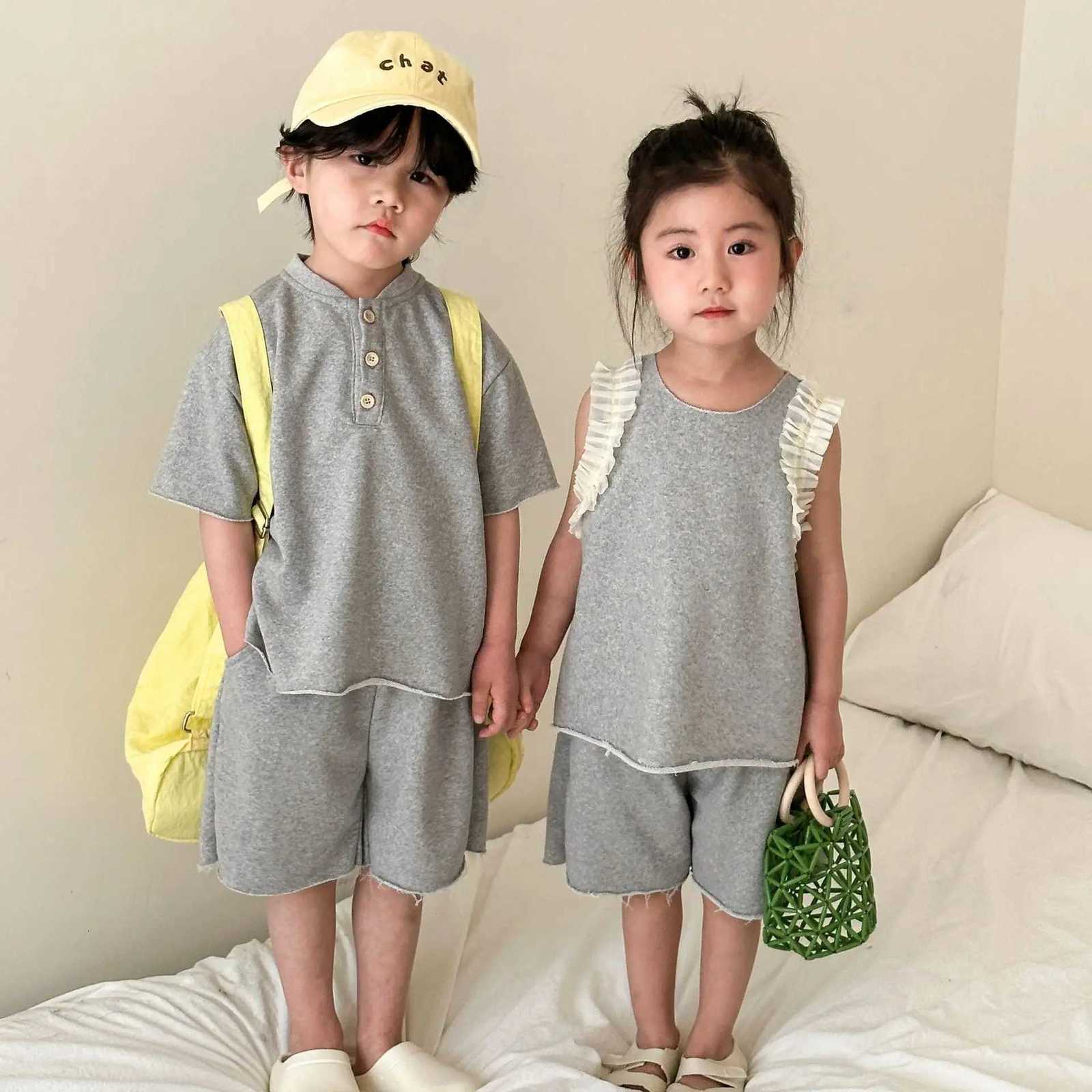 Summer Brother Sister Outfits Boy Baby Solid Loose Sport Short Sleeve Tshirt Shorts 2pcs Girl Children Cotton Lace Vest Set X250923