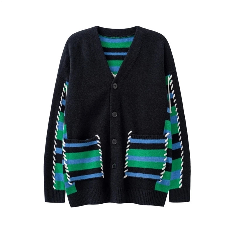 Autumn Mens Cardigan Sweater Contrasting V-neck Single Breasted Knit Casual Loose and Comfortable Versatile Couple Style 240823