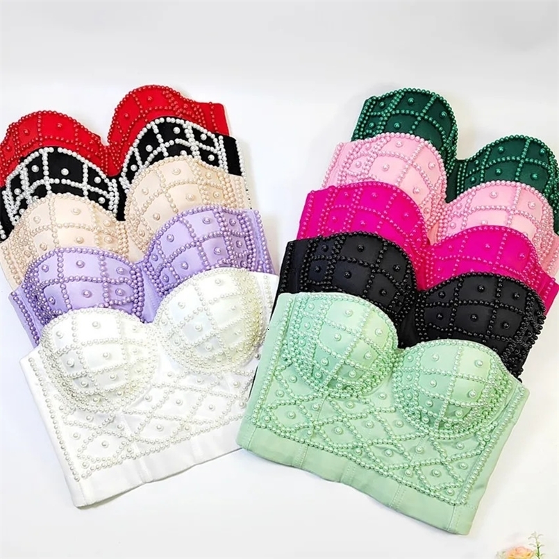 Full Pearls Beads Lady Corset Top Sexy Women Short Bustier Camis Nightclub Sexy Girls Beadings Padded Vest Bead Work Tanks Tops 250226