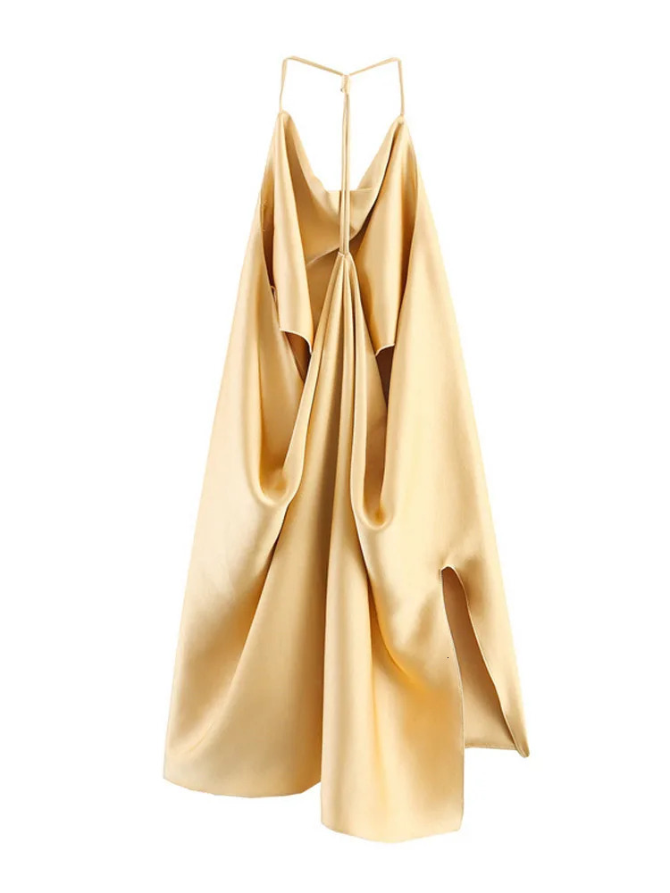 Elegant Satin Pants Suit Loose Halter Sleeveless Backless Fold Sets Female 2025 Autumn Chic Fashion Solid Set 2 Pieces 250906