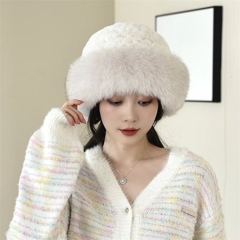 2024 Besfilin Real Rex Rabbit Fur Hat for Women Fox Fur Big Brim Bucket Hats Ear Protection Keep Warm Autumn and Winter 241218