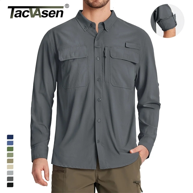 TACVASEN UPF 50 Sun Protection Fishing Shirts Mens Quick Dry Long Sleeve Shirts Mesh Breathable Hiking Work Cargo Shirts 240816