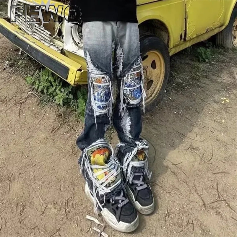 FEWQ Y2k High Street Male Beggay Pants Jeans Ripped Print Mens Denim Trousers Straight Casusal Spring Stylish 24B1618 240828